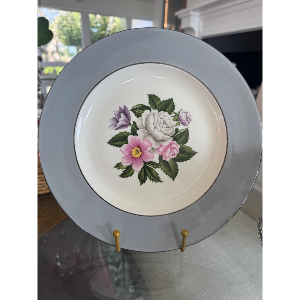 Homer Laughlin Empire Gray Dinner Plate, Pink Floral Center
